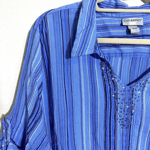 Catherines Womens Blouse Top Size 4x Cotton Blue Roll Tab Sleeve Beads Stripe - Picture 3 of 8